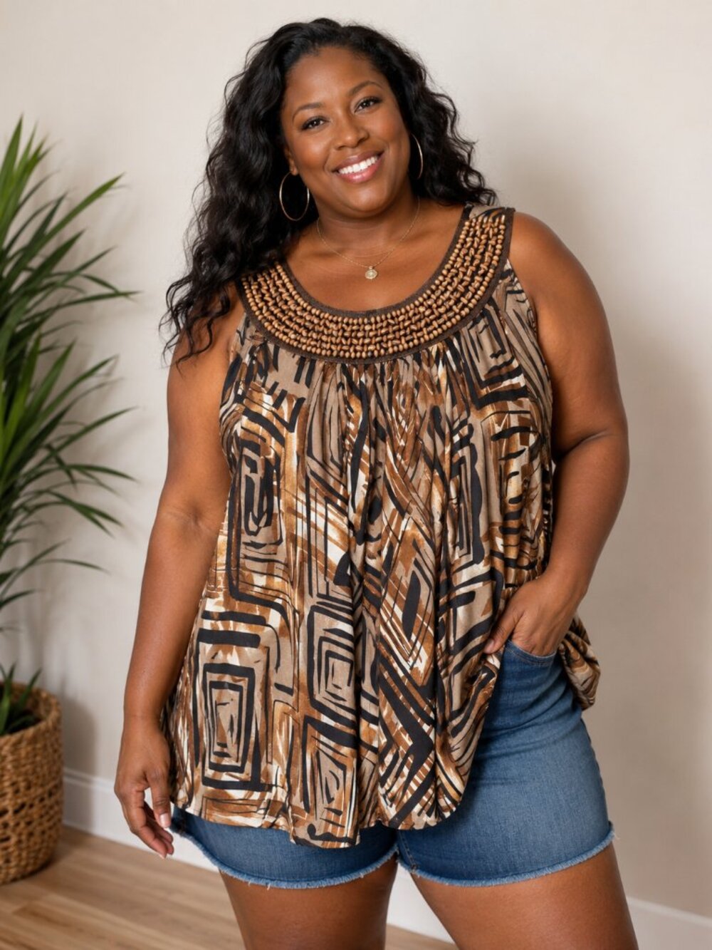 Beaded Abstract Sleeveless Tunic Top